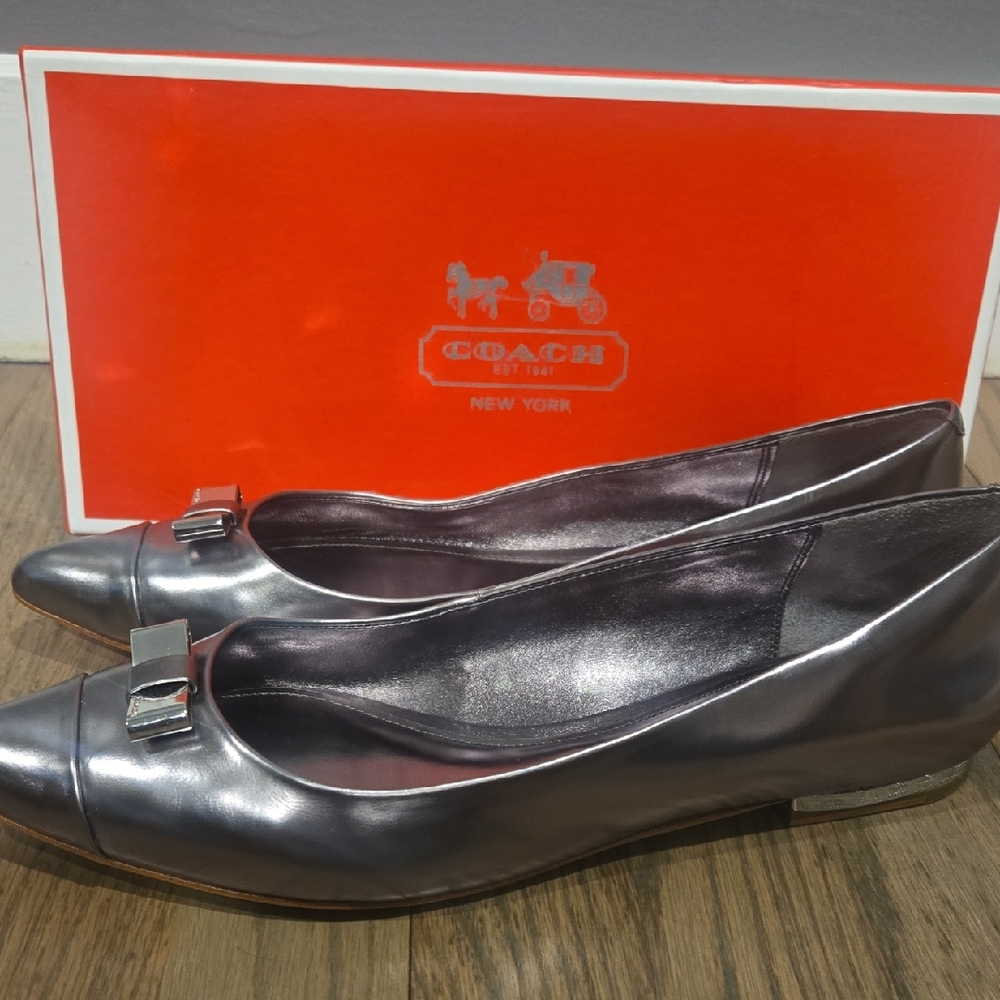 Coach Metallic Silver Flats with Bow Accent